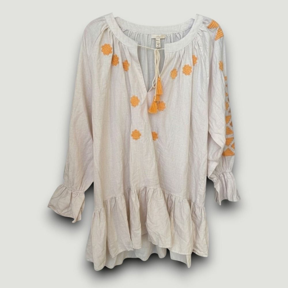 Evy's Tree The Jolene Tunic Blouse Women 1X Cream Embroidered Boho Chic Peplum